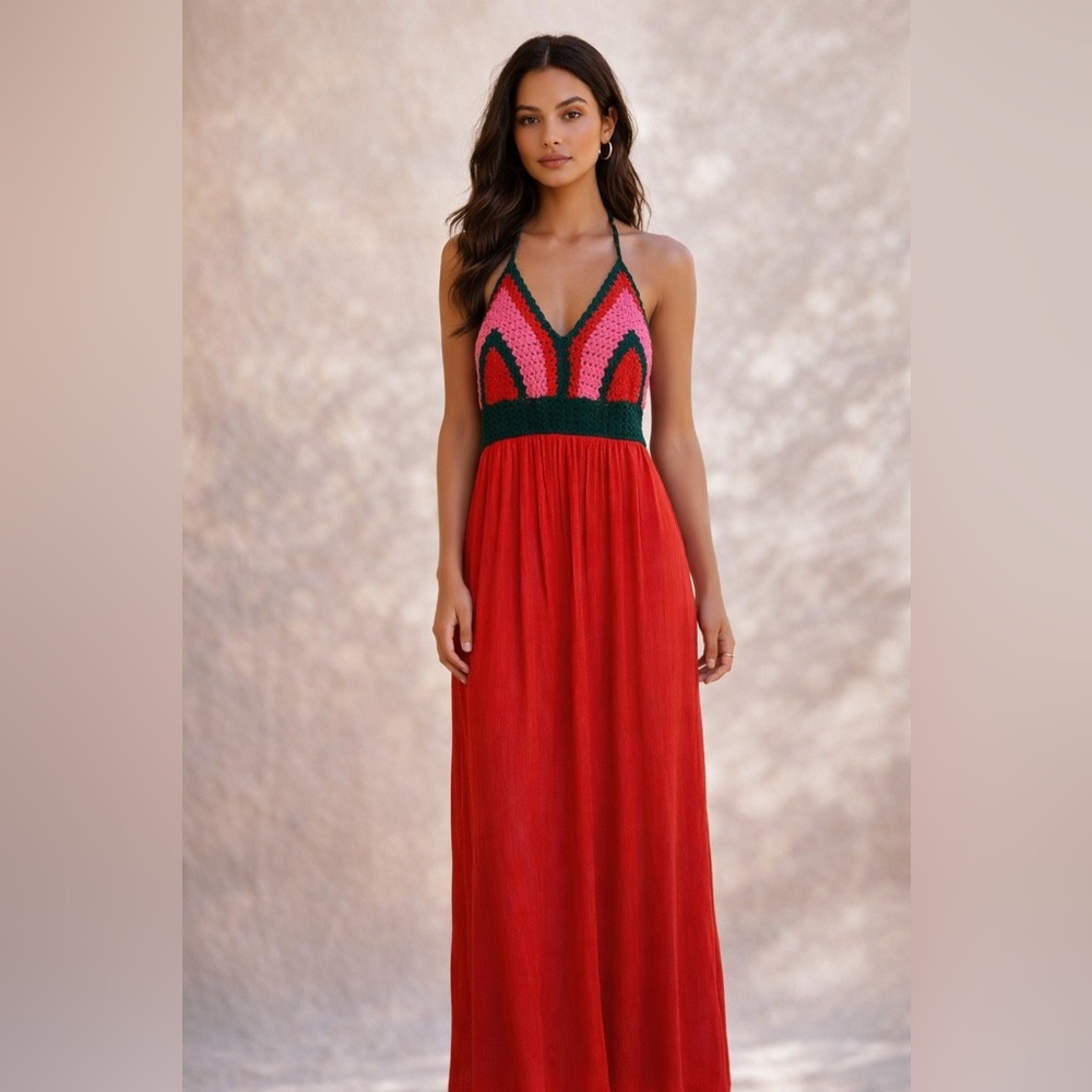 NWT Gianni Bini Rylan Crochet Halter Maxi Dress - Pink & Orange Colorblock Sz S